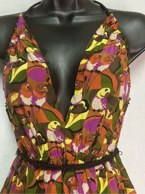 Moda International Silk Parrot Print Maxi Dress Halter Boho Resort Summer SOLD